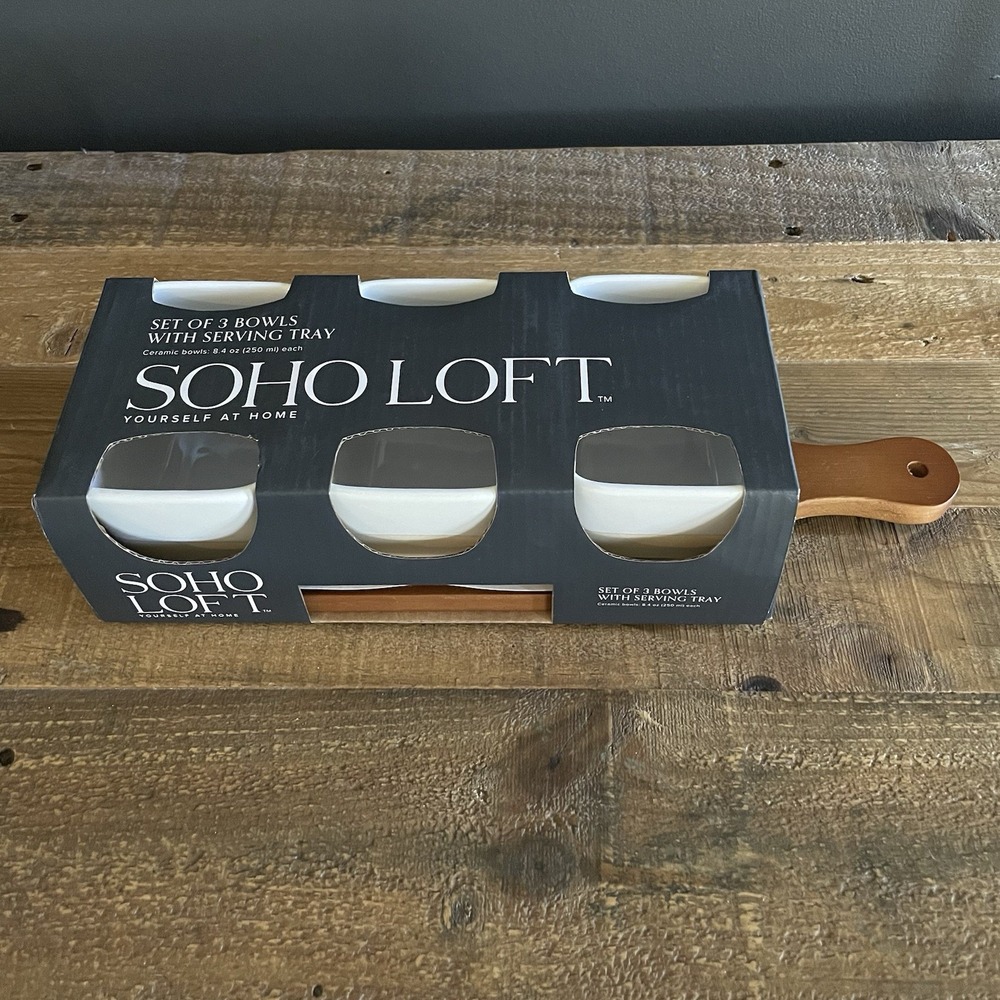 NWT SOHO LOFT Set of 3 Ceramic Bowls with Wood Serving Tray Sauce Dip Nut Fruit